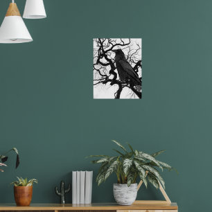 Póster Cuervo negro en árbol Foto en blanco y negro
