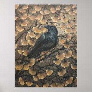 Póster Cuervo y hojas de Ginkgo