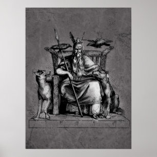 Póster Cuervos de Odín en su trono de piedra mitología vi
