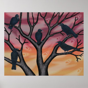 Póster cuervos negros y fantasmas al atardecer