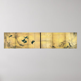 Póster Cuervos y garzas tinta y papel japoneses del