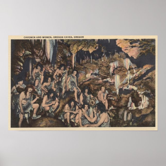 Póster Cuevas de Oregón - Cavemen y mujeres en cuevas (Frente)