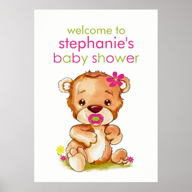 Póster Cuidada acuarela Bear Chica Baby Shower (Frente)