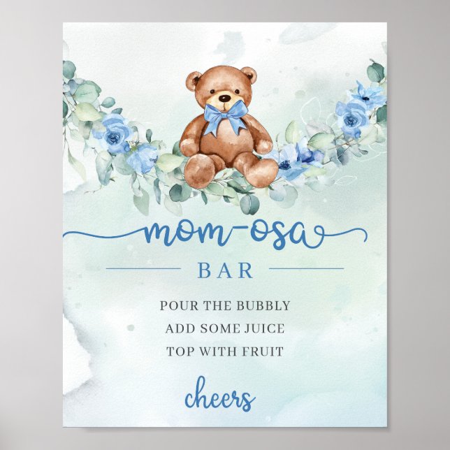 Póster Cuidada acuarela bebe de flores azules de mamá-osa (Frente)