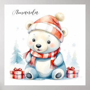 Póster Cuidada acuarela bebé Navidades de oso polar