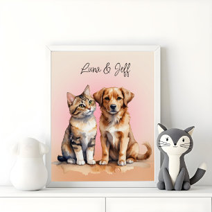 Póster Cuidada acuarela de gato y perro