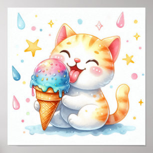 Póster Cuidada Acuarela Gato Comer Helado Crema Whimsical