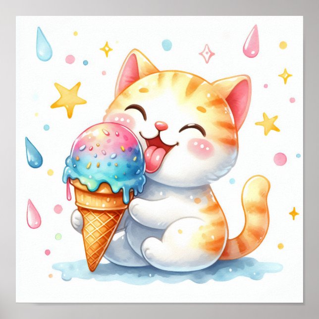 Póster Cuidada Acuarela Gato Comer Helado Crema Whimsical (Frente)