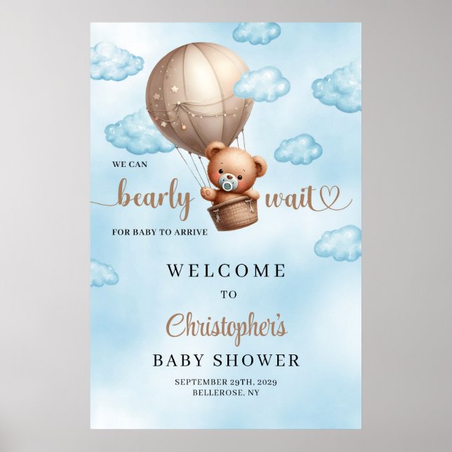 Póster Cuidada acuarela marrón oso de peluche globo de ai (Frente)