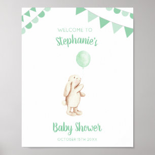 Póster Cuidada Bunny & Green Balloon Watercolor Baby Show
