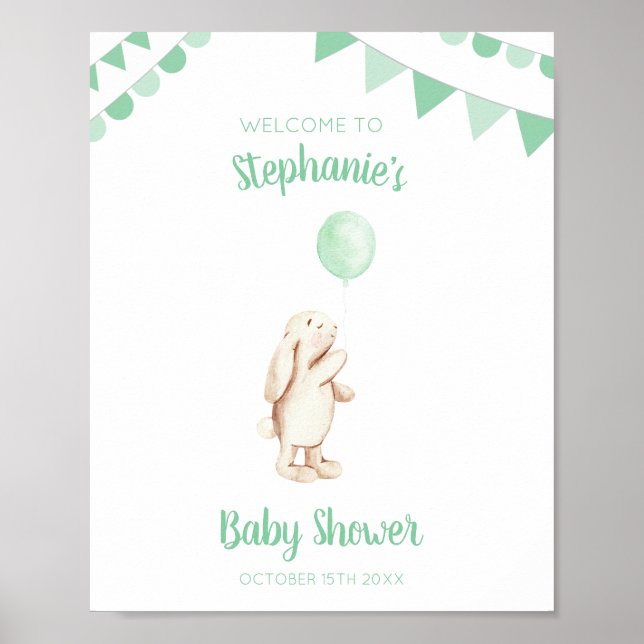 Póster Cuidada Bunny & Green Balloon Watercolor Baby Show (Frente)