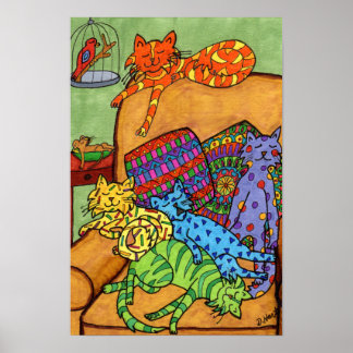 Póster Cuidada colorida Silla de los gatos de dibujos