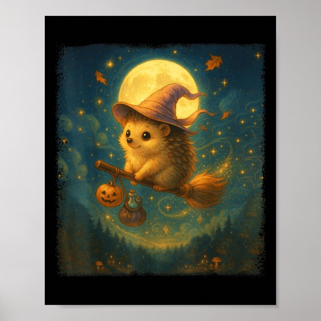 Póster Cuidada Halloween Hedgehog Broom Rige Con Poción Y (Frente)