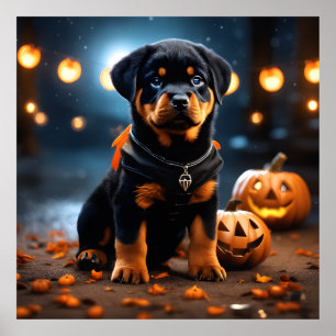 Póster Cuidada halloween Rottweiler Perro con calabazas