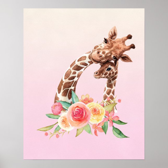 Póster Cuidada jirafa acuarela mamá y bebé (Frente)