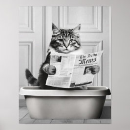 Póster Cuidada pared de gato, pequeño baño negro y blanco