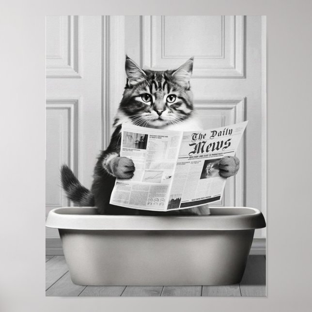 Póster Cuidada pared de gato, pequeño baño negro y blanco (Frente)