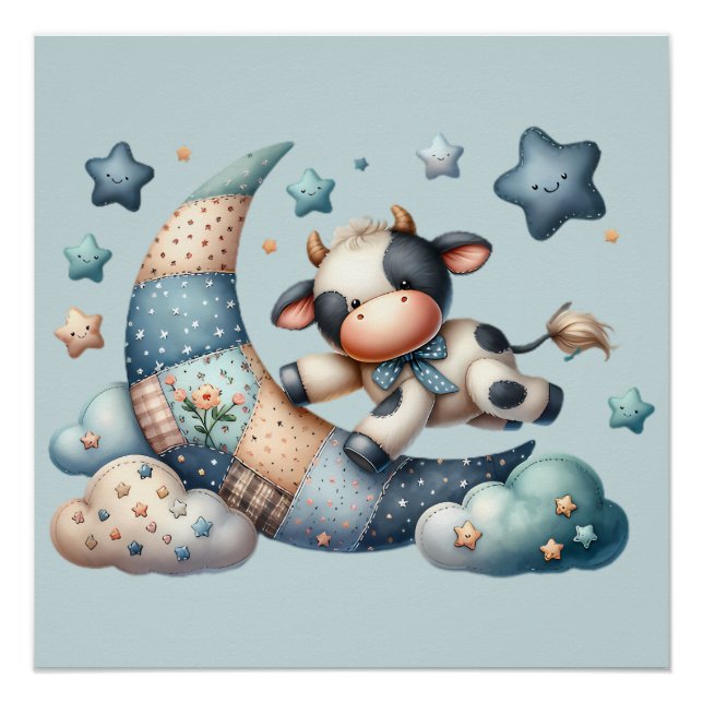 Póster Cuidada vaca de patchwork sobre la luna con estrel (Anverso)