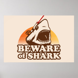 Póster Cuidado con los tiburones con vigas láser de fondo
