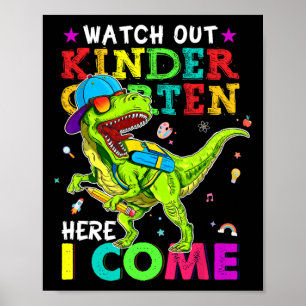 Póster Cuidado jardín de infantes aquí vengo dinosaurios