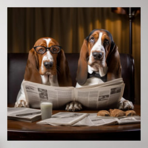 Póster Cuidados basset hounds leyendo el periódico
