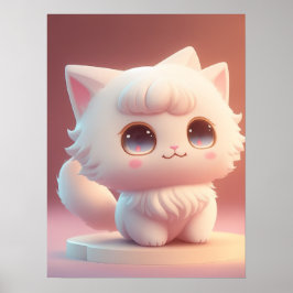 Póster Cuidados Ojos Grandes Fluffy Gato Blanco