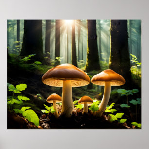Póster Cultivando champiñones en el bosque