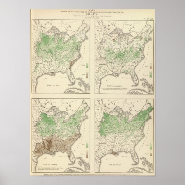 Póster Cultivos, litografía estadística estadounidense (Frente)
