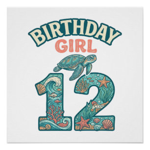 Póster Cumpleañera 12 Tortuga Marina Camiseta Vintage Océ