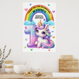 Póster Cumpleaños 1º de arcoíris y unicornio adorable