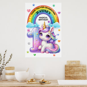 Póster Cumpleaños 1º de arcoíris y unicornio adorable