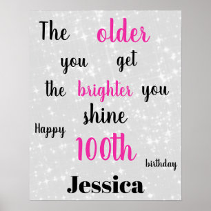 Póster Cumpleaños 100 Gris Plateado y Rosa