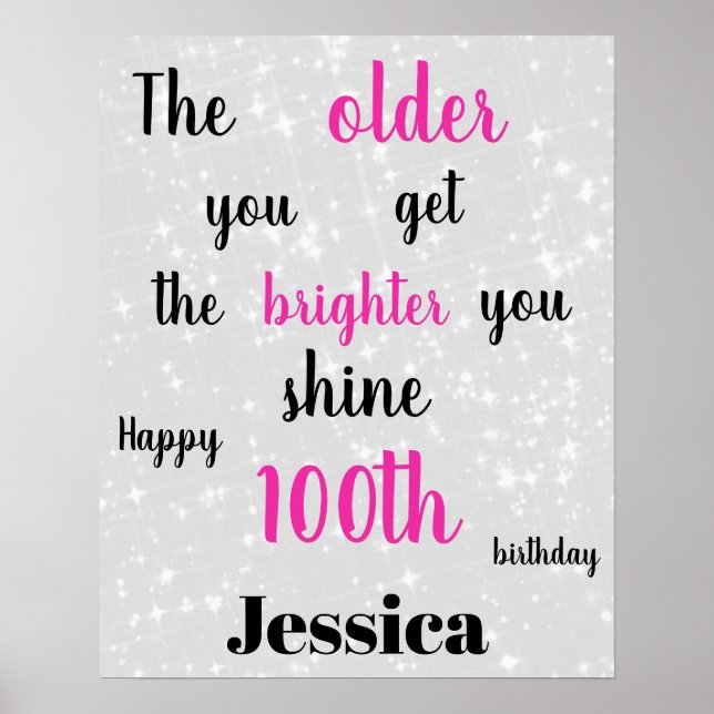 Póster Cumpleaños 100 Gris Plateado y Rosa (Frente)