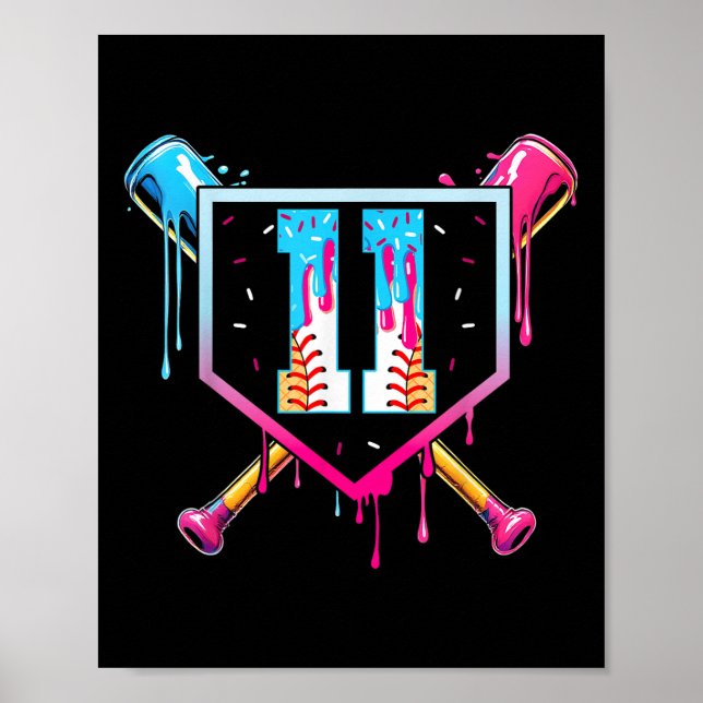 Póster Cumpleaños 11 de béisbol con goteo de helado (Frente)