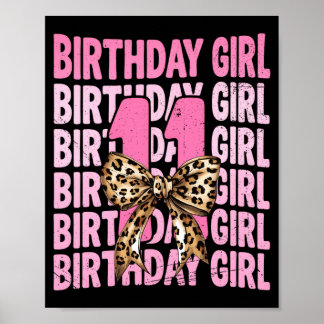 Póster Cumpleaños 11 niña rosa coqueta lazo leopardo 11