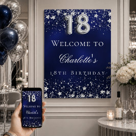 Póster cumpleaños 18 azul estrellas plateadas fiesta de b