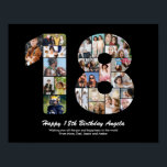 Póster Cumpleaños 18 Número 18 Collage de Fotos Personali<br><div class="desc">Marque años de maravillosos recuerdos y aventuras con este cautivador Collage de Fotos del Número de Cumpleaños 18. Esta plantilla personalizable es la combinación perfecta de creatividad y sentimiento, lo que te permite crear un regalo verdaderamente memorable y personalizado para el día especial de tu ser querido. Captura la esencia...</div>