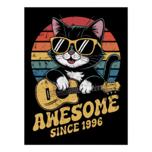 Póster Cumpleaños 1996 Gato Amante Ukulele Retro 30 Cumpl