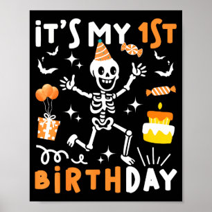 Póster cumpleaños 1 año niños esqueleto divertido cumplea