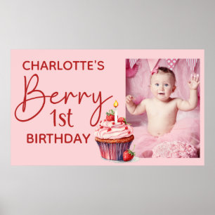 Póster Cumpleaños 1 de Berry Rosa Rojo Fresa Nombre Foto