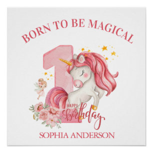 Póster Cumpleaños 1 de Unicornio Rosa Niña Pequeña