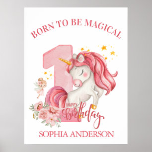 Póster Cumpleaños 1 de Unicornio Rosa Niña Pequeña