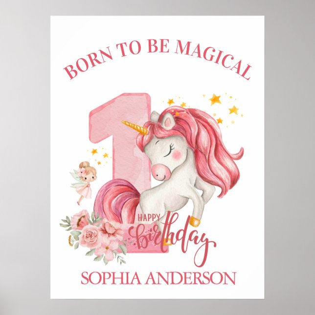 Póster Cumpleaños 1 Unicornio Niña Rosa (Frente)