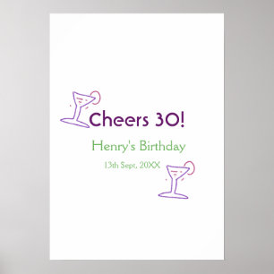Póster cumpleaños 30 nombre vino púrpura vidrio verde