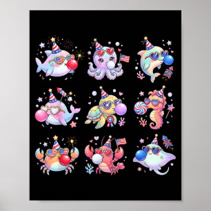 Póster Cumpleaños 4 de Julio de Niños Animales Marinos Li