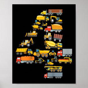 Póster Cumpleaños 4 Niño Excavadora Construcción Vehículo