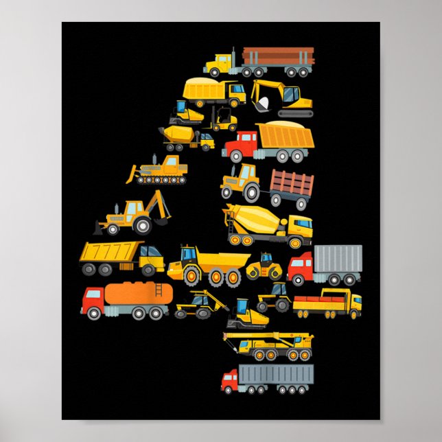 Póster Cumpleaños 4 Niño Excavadora Construcción Vehículo (Frente)