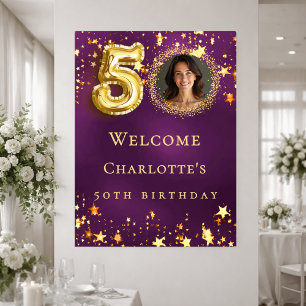Póster Cumpleaños 50 años estrellas púrpura oro foto bien
