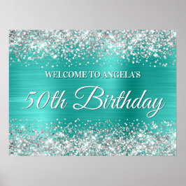 Póster Cumpleaños 50 con Brillo Plateado y Hoja de Turque