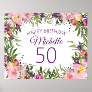 Póster Cumpleaños 50 Floral Rosa Púrpura Hojas Verdes